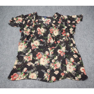 Chaps Blouse Top Women's Plus Size 3x Black Beige Red Floral w/ Cap Sleeves